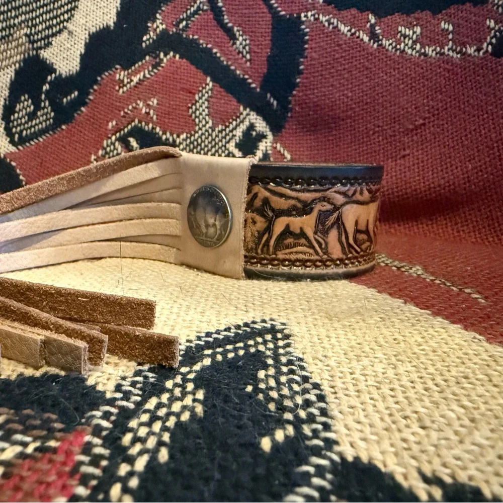 Upcycled Western Leather Horse belt Cuff with Fringe